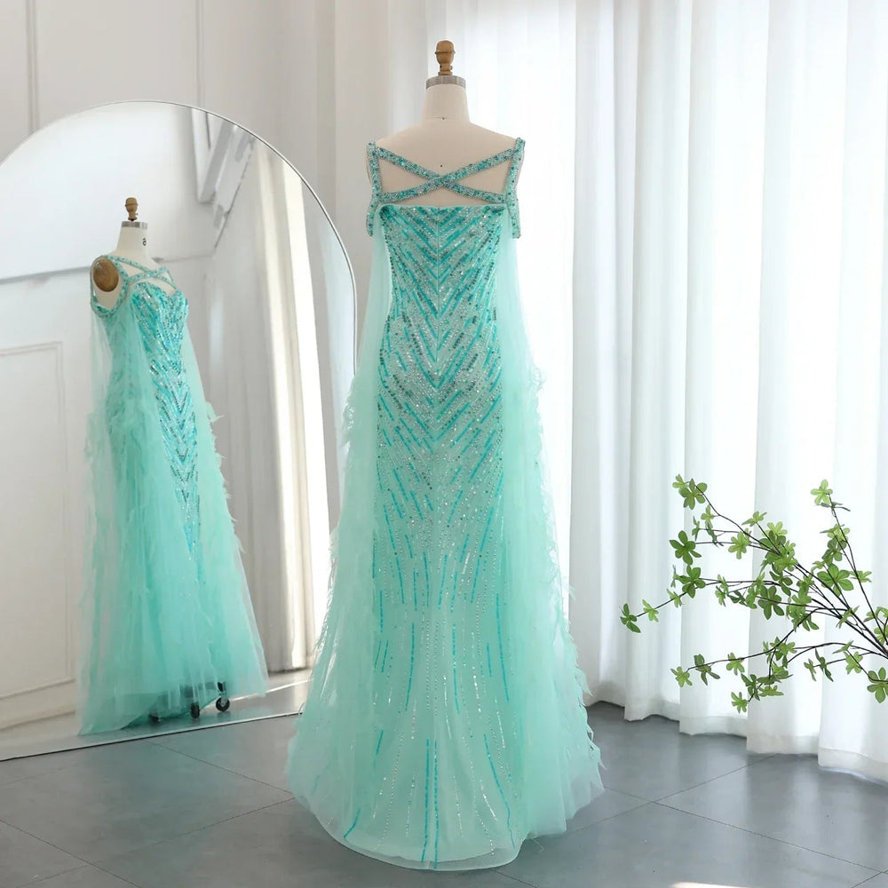 Turquoise Mermaid Evening Gown with Cape Sleeves Mssaz Desses