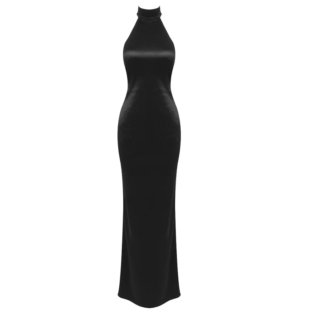 High Neck Satin Bareback Sleeveless Long Dress Mssaz Desses