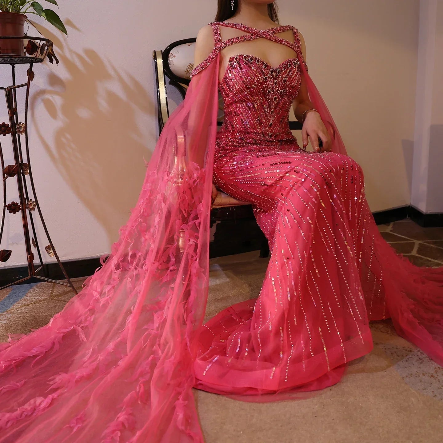 Turquoise Mermaid Evening Gown with Cape Sleeves Mssaz Desses