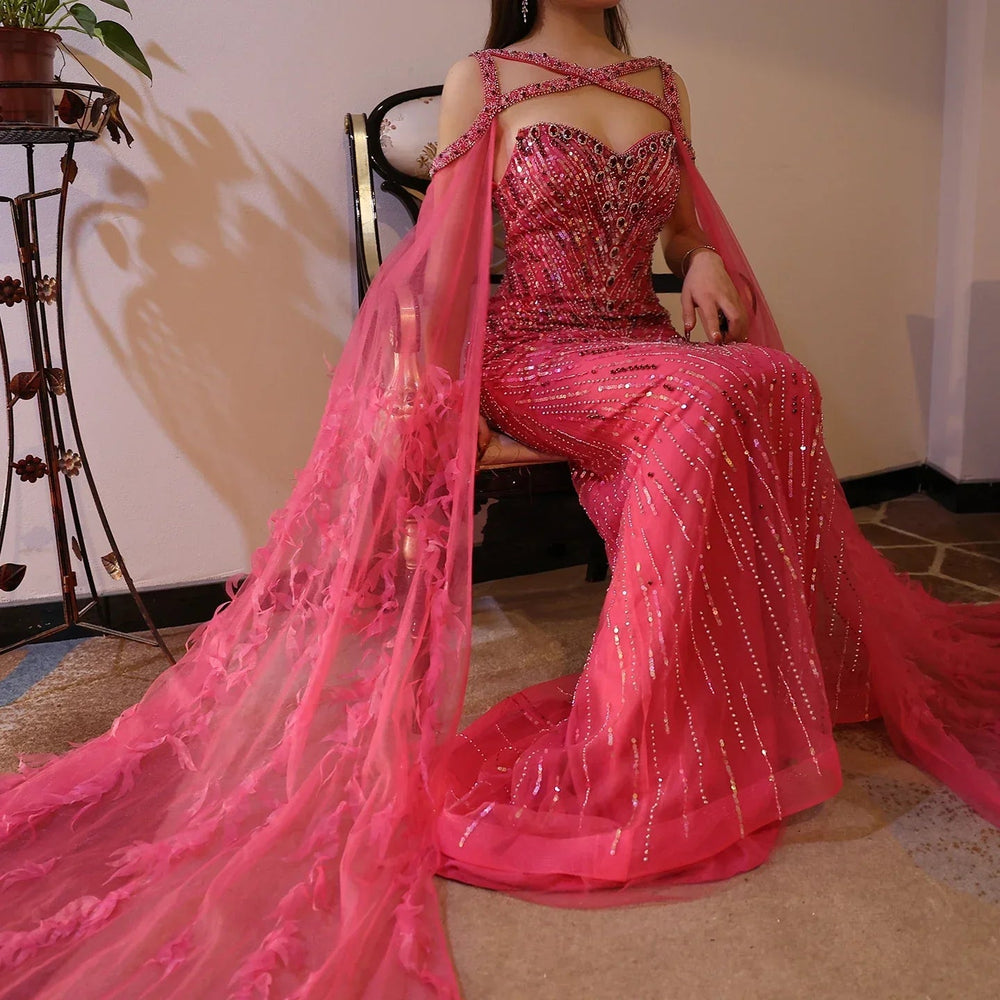 Turquoise Mermaid Evening Gown with Cape Sleeves Mssaz Desses