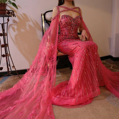 Turquoise Mermaid Evening Gown with Cape Sleeves Mssaz Desses