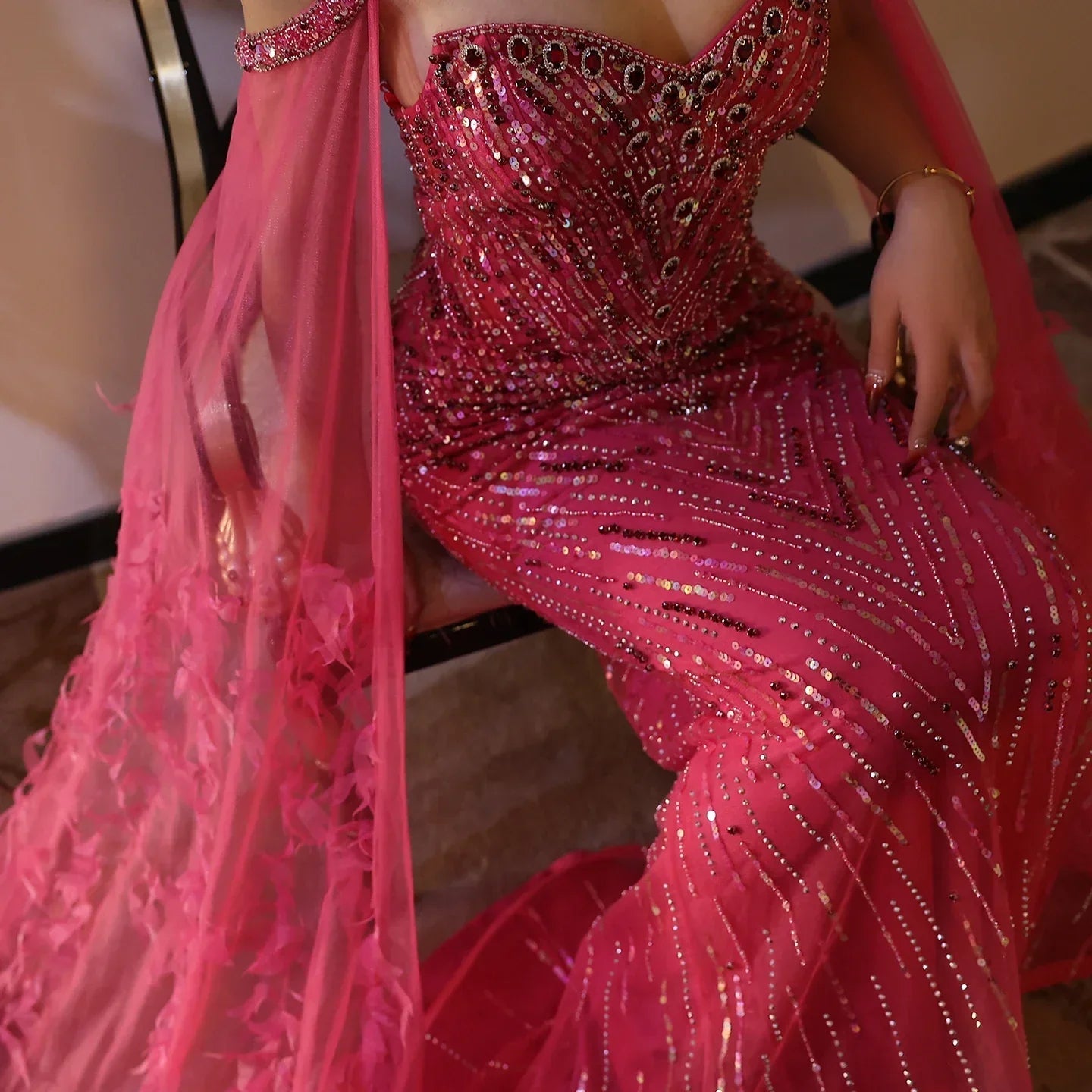 Turquoise Mermaid Evening Gown with Cape Sleeves Mssaz Desses