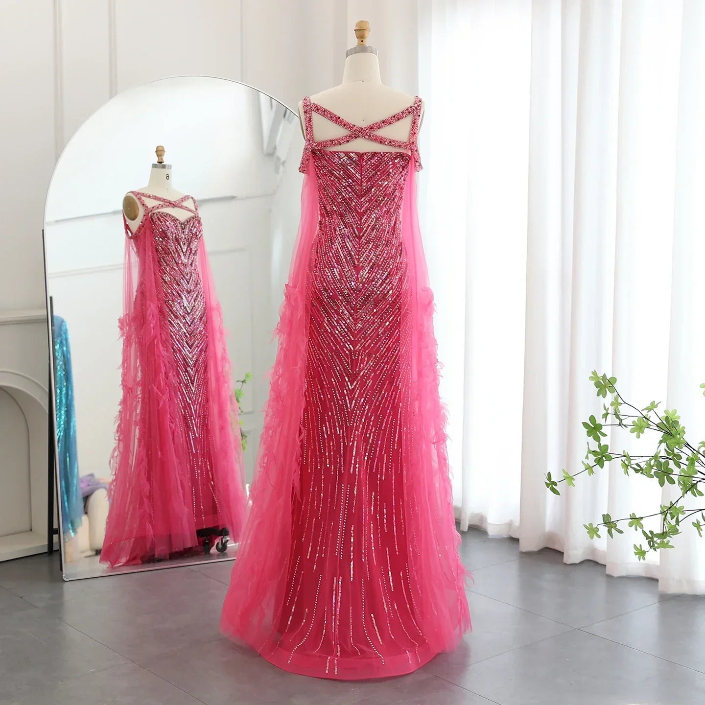Turquoise Mermaid Evening Gown with Cape Sleeves Mssaz Desses