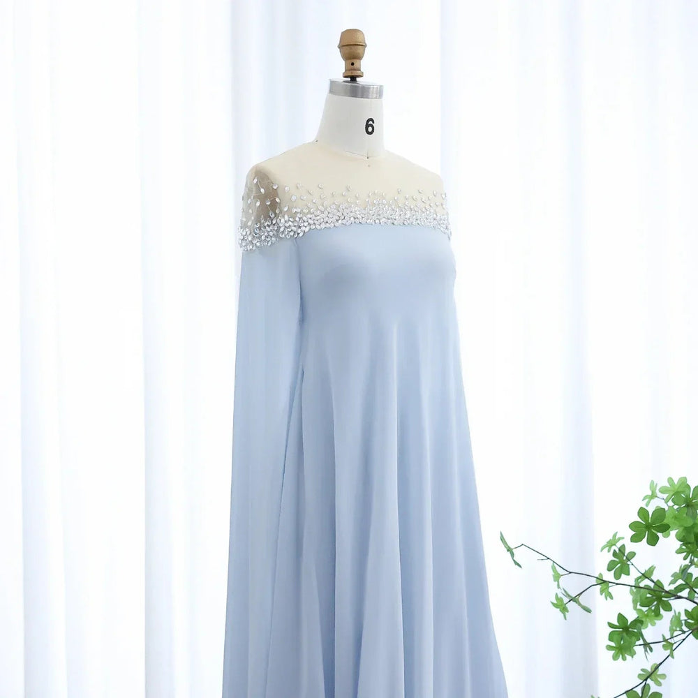 Crystal Baby Blue Evening Dress with Cape| Kaftan Gowns| Customized Mssaz Desses