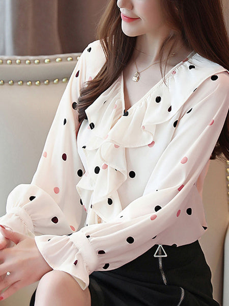 Chiffon Embellished Collar Layered Academic Polka Dot Ruffles Long Sleeves Tops Mssza