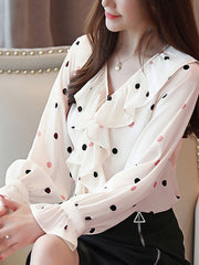 Chiffon Embellished Collar Layered Academic Polka Dot Ruffles Long Sleeves Tops Mssza