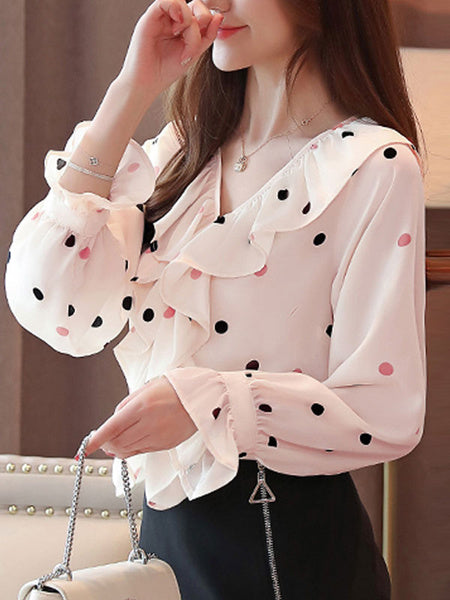 Chiffon Embellished Collar Layered Academic Polka Dot Ruffles Long Sleeves Tops Mssza
