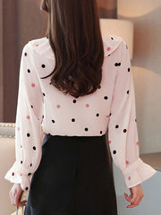 Chiffon Embellished Collar Layered Academic Polka Dot Ruffles Long Sleeves Tops Mssza