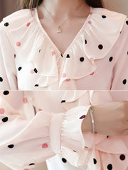 Chiffon Embellished Collar Layered Academic Polka Dot Ruffles Long Sleeves Tops Mssza