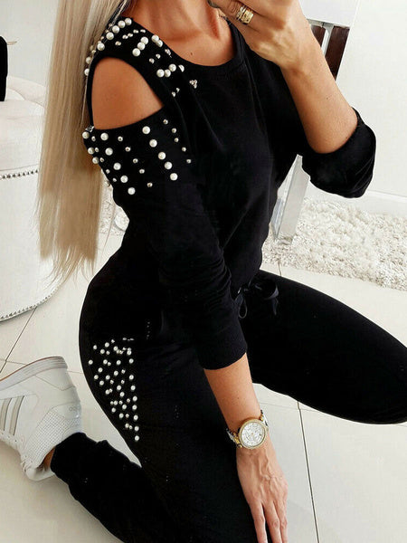 Acrylic Casual Long Sleeves Jewel Neck Pearls Top With Pants Mssza