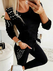 Acrylic Casual Long Sleeves Jewel Neck Pearls Top With Pants Mssza