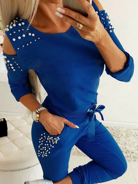 Acrylic Casual Long Sleeves Jewel Neck Pearls Top With Pants Mssza