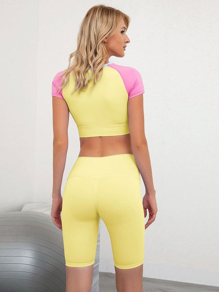 Activewear Yoga Nylon Short Sleeve Shirt Pants 2 Piece Set Workout Clothing Stretchy Mssza