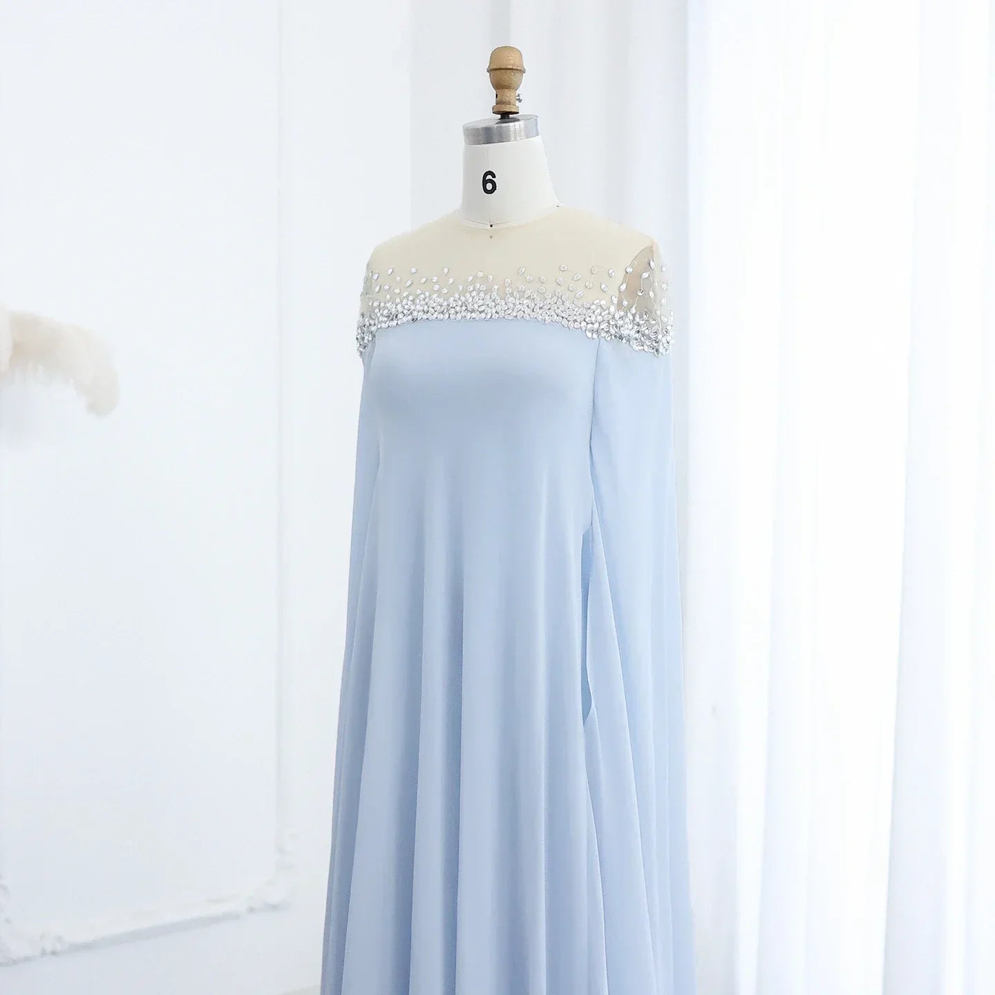 Crystal Baby Blue Evening Dress with Cape| Kaftan Gowns| Customized Mssaz Desses