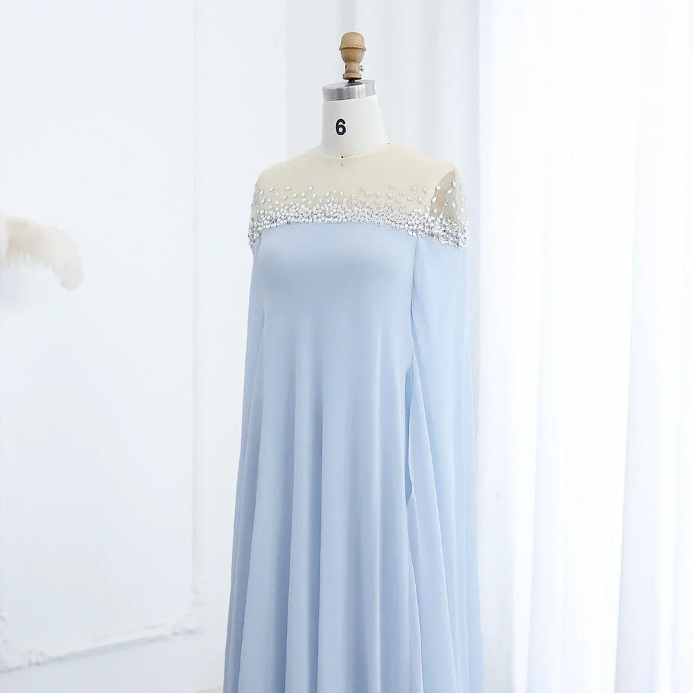 Crystal Baby Blue Evening Dress with Cape| Kaftan Gowns| Customized Mssaz Desses