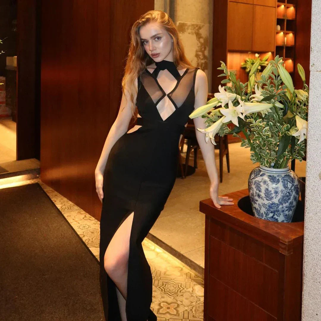 Black Mesh Patchwork Hollow Long Dress Mssaz Desses