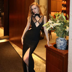 Black Mesh Patchwork Hollow Long Dress Mssaz Desses