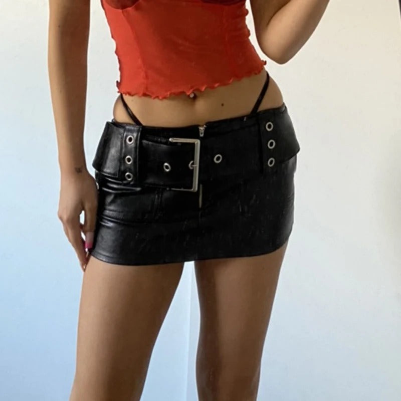Aesthetic Chic PU Leather Wide Belt Patchwork Low Rise Mini Skirt Mssza