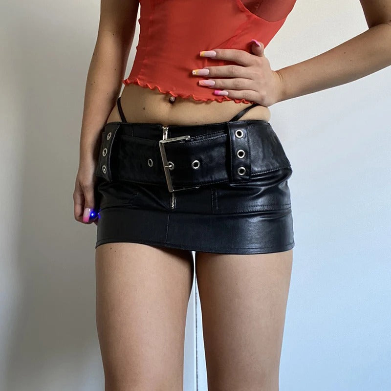 Aesthetic Chic PU Leather Wide Belt Patchwork Low Rise Mini Skirt Mssza