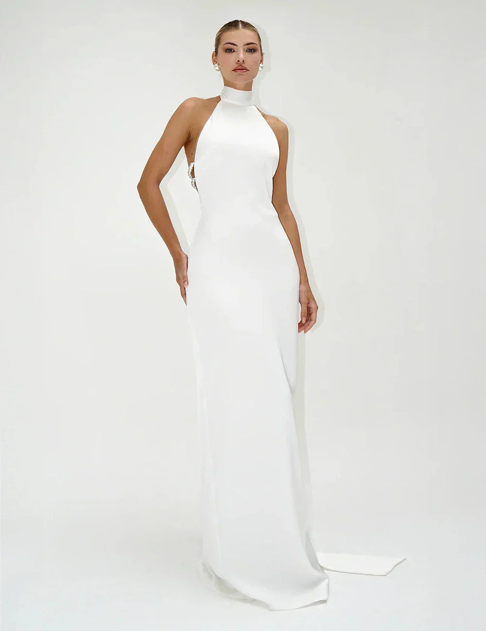 High Neck Satin Bareback Sleeveless Long Dress Mssaz Desses