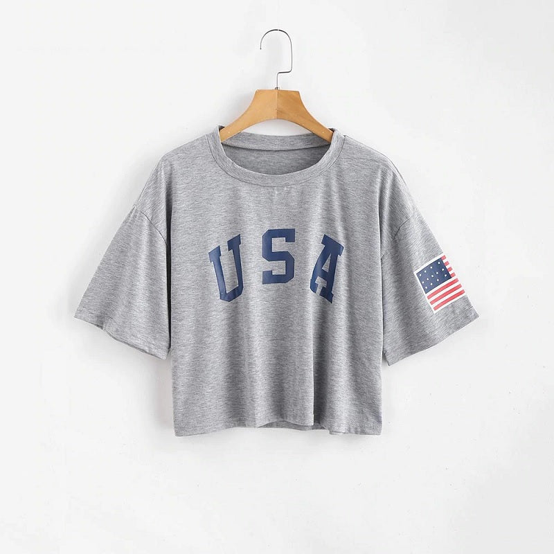 American Flag Print Casual Letter Short Tops Mssza