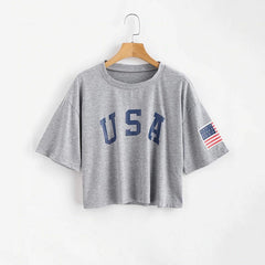 American Flag Print Casual Letter Short Tops Mssza