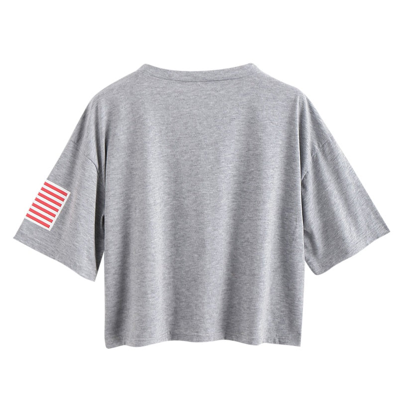 American Flag Print Casual Letter Short Tops Mssza