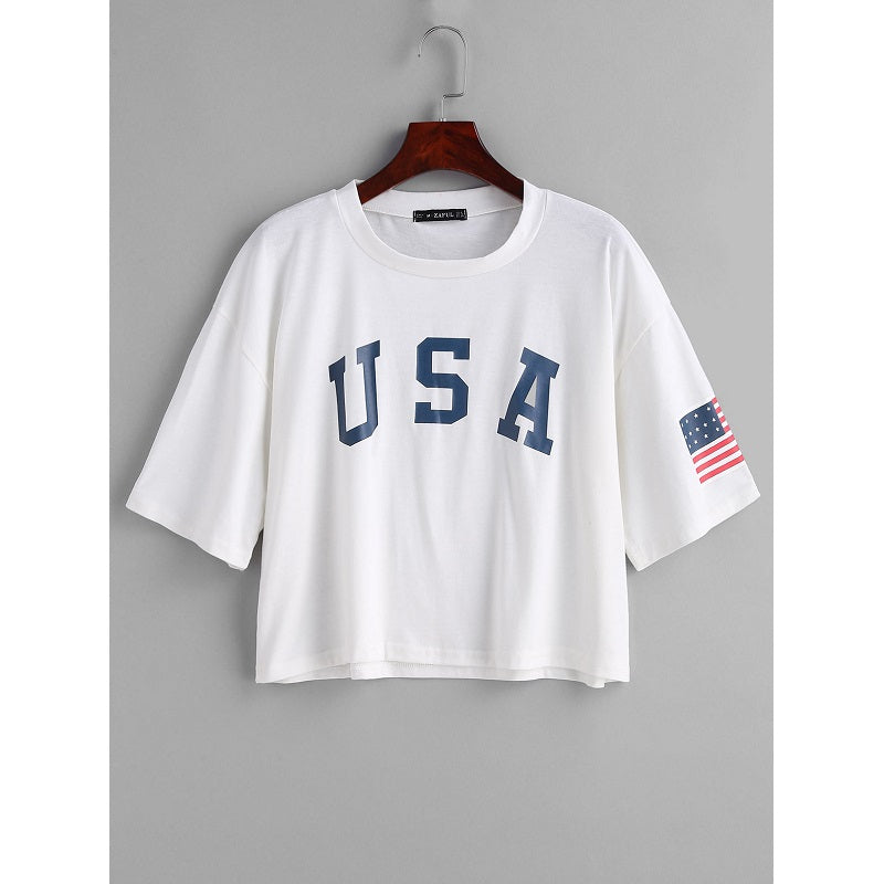 American Flag Print Casual Letter Short Tops Mssza