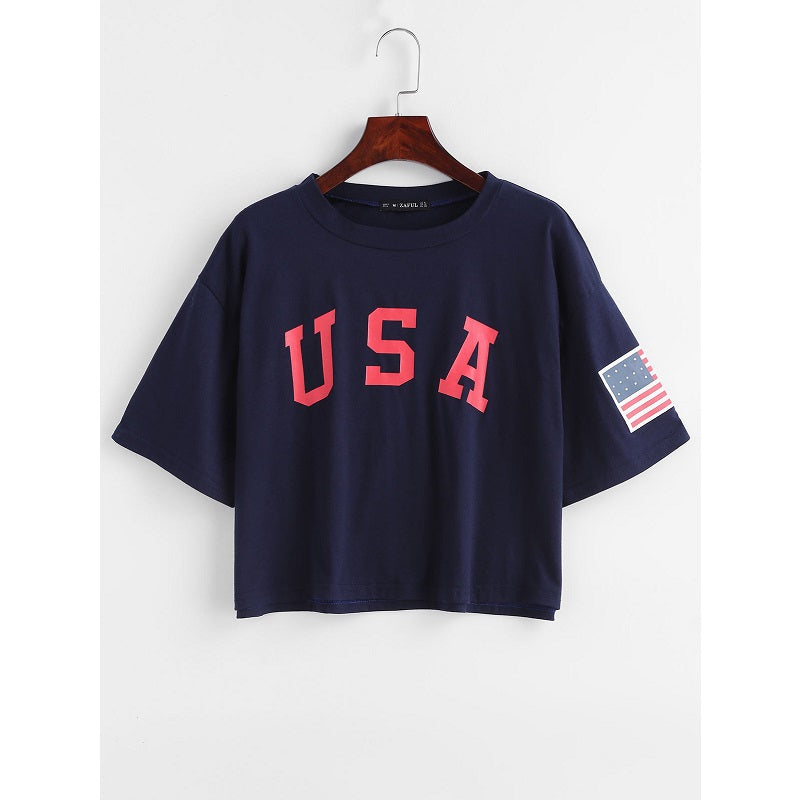 American Flag Print Casual Letter Short Tops Mssza