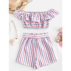 American Flag Stripes Off Shoulder Two Pieces Set Mssza