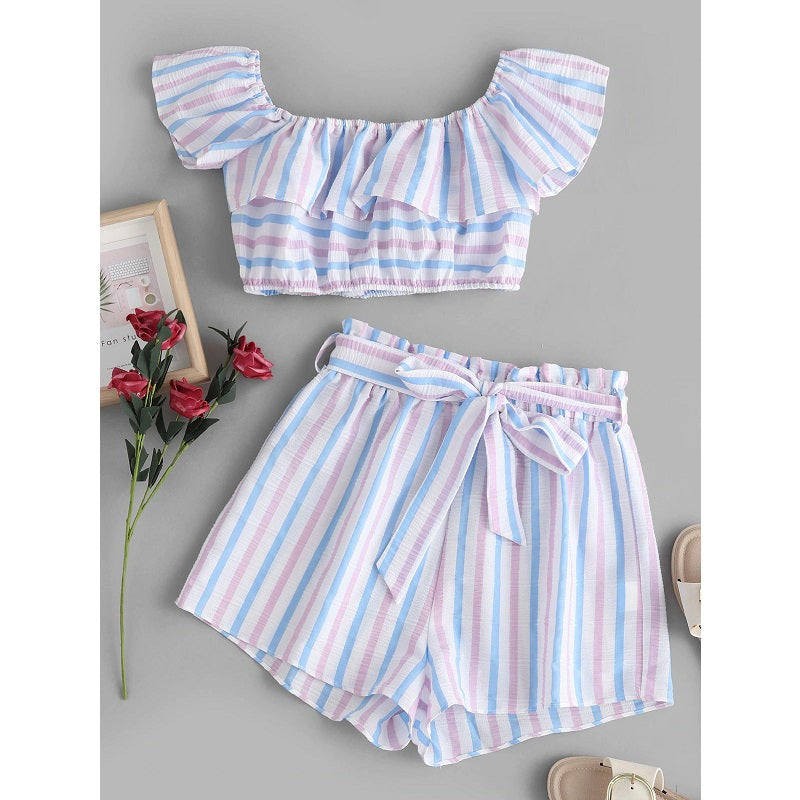 American Flag Stripes Off Shoulder Two Pieces Set Mssza