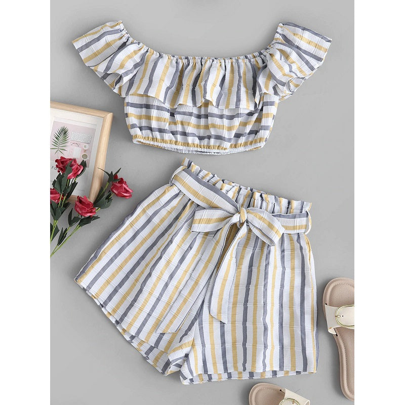 American Flag Stripes Off Shoulder Two Pieces Set Mssza