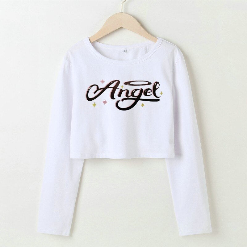 Angel letter print slim long-sleeved T-shirt Mssza