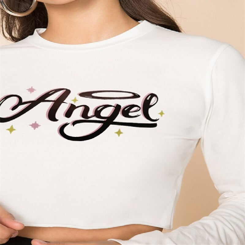 Angel letter print slim long-sleeved T-shirt Mssza