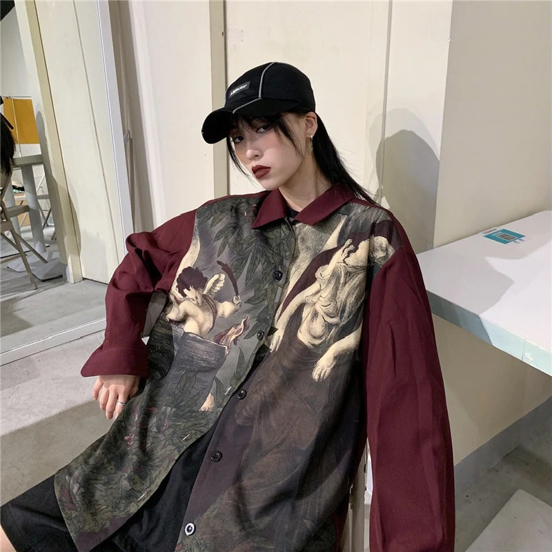 Angel print Vintage long-sleeved casual shirt Mssza