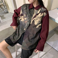 Angel print Vintage long-sleeved casual shirt Mssza