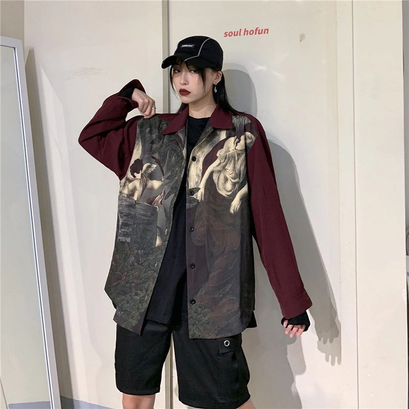 Angel print Vintage long-sleeved casual shirt Mssza