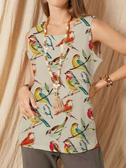 Animal Birds Print O-neck Sleeveless Vintage Tank Top Mssza