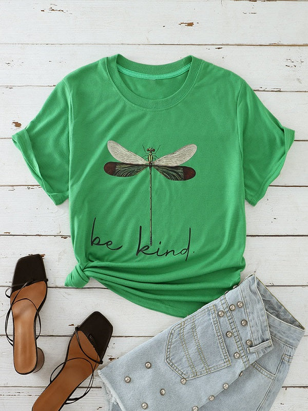 Animal Dragonfly Slogan Print Short Sleeve O-neck T-Shirt Mssza