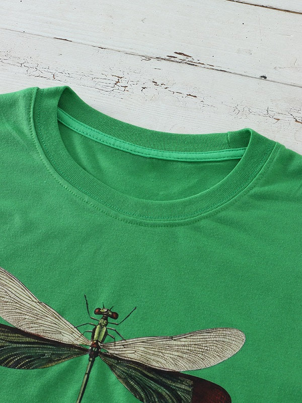Animal Dragonfly Slogan Print Short Sleeve O-neck T-Shirt Mssza