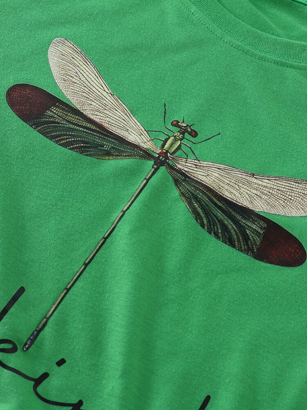 Animal Dragonfly Slogan Print Short Sleeve O-neck T-Shirt Mssza