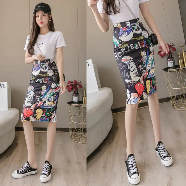 Animated Print Pencil Long Skirt Office Skirts High Waist Slim Bodycon Mssza