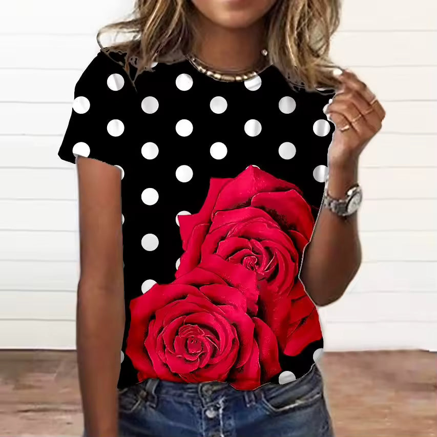Appliques 3d Floral Print Short Sleeve Large Size T Shirt Mssza