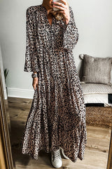 Apricot Leopard Print Tiered Wide Sleeve Maxi Dress Mssaz Desses