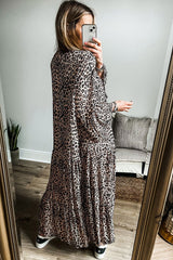 Apricot Leopard Print Tiered Wide Sleeve Maxi Dress Mssaz Desses