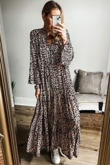 Apricot Leopard Print Tiered Wide Sleeve Maxi Dress Mssaz Desses