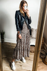 Apricot Leopard Print Tiered Wide Sleeve Maxi Dress Mssaz Desses