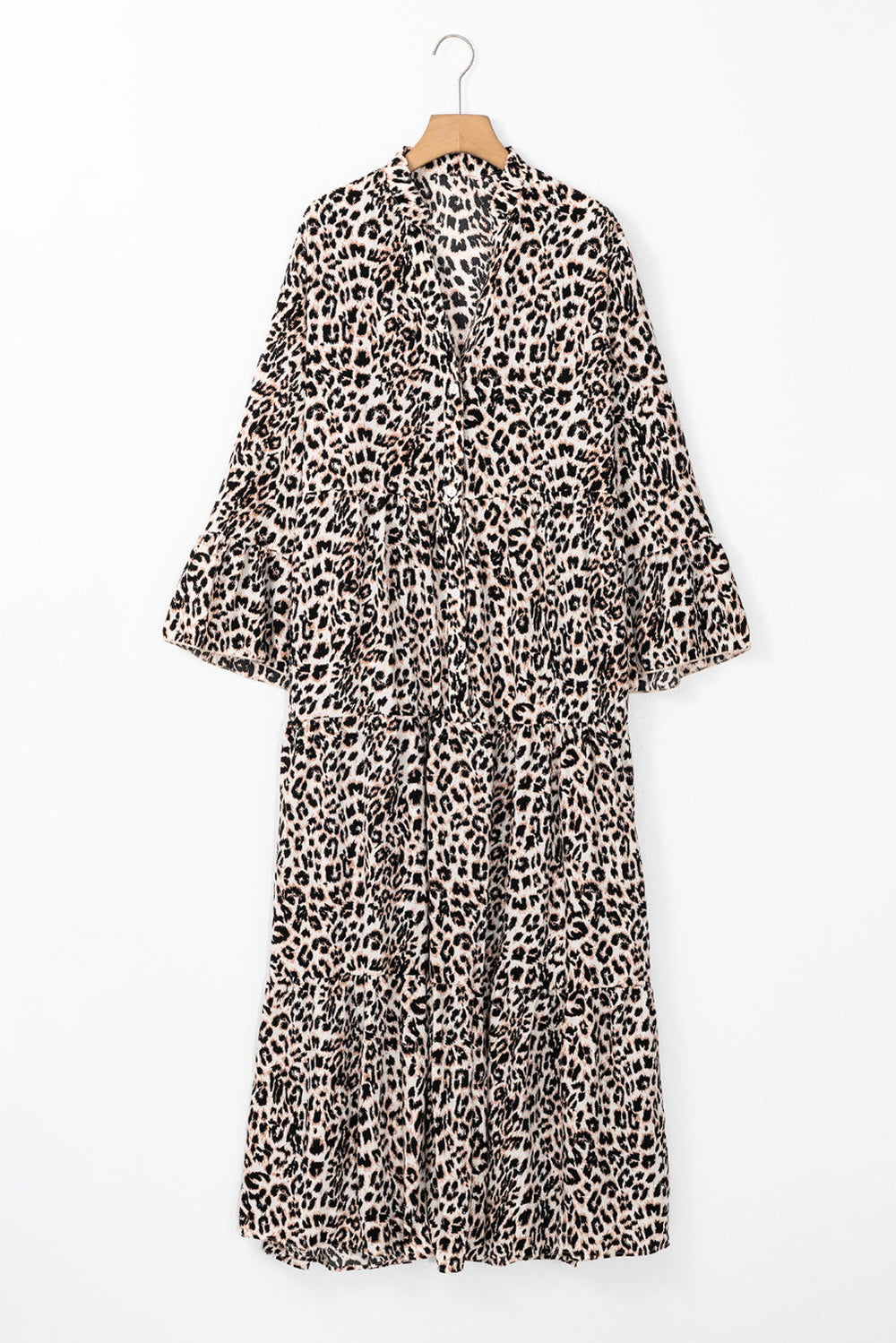 Apricot Leopard Print Tiered Wide Sleeve Maxi Dress Mssaz Desses