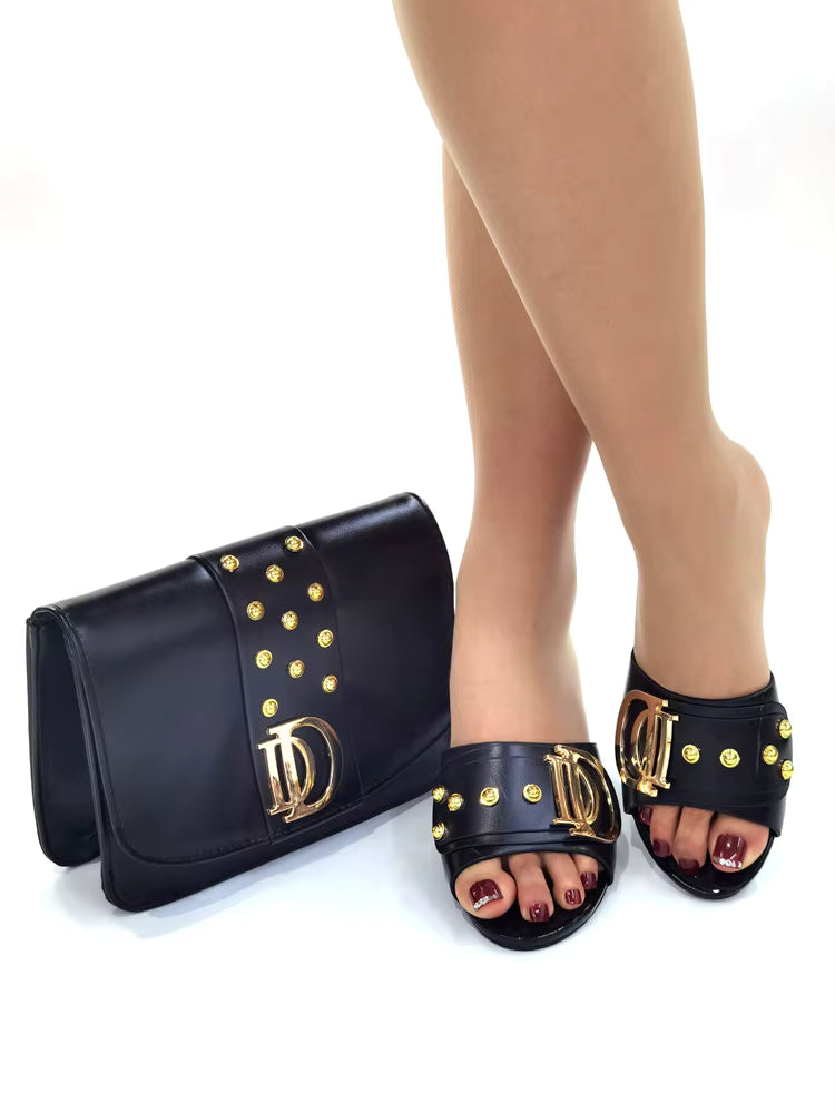 Artificial Leather Round Toe Matching Bags Wedding Shoes Mssza