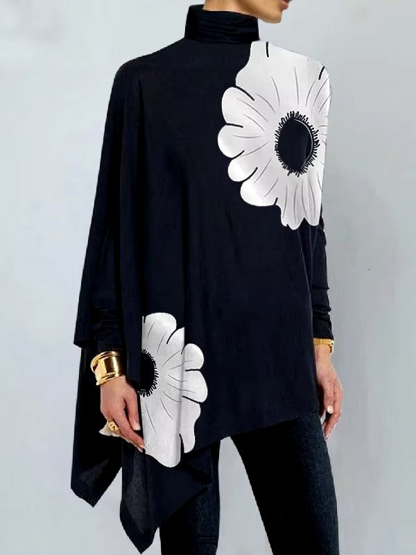 Asymmetric Floral Printed High Neck Long Sleeves Loose Split-Joint Casual T-Shirts Mssza